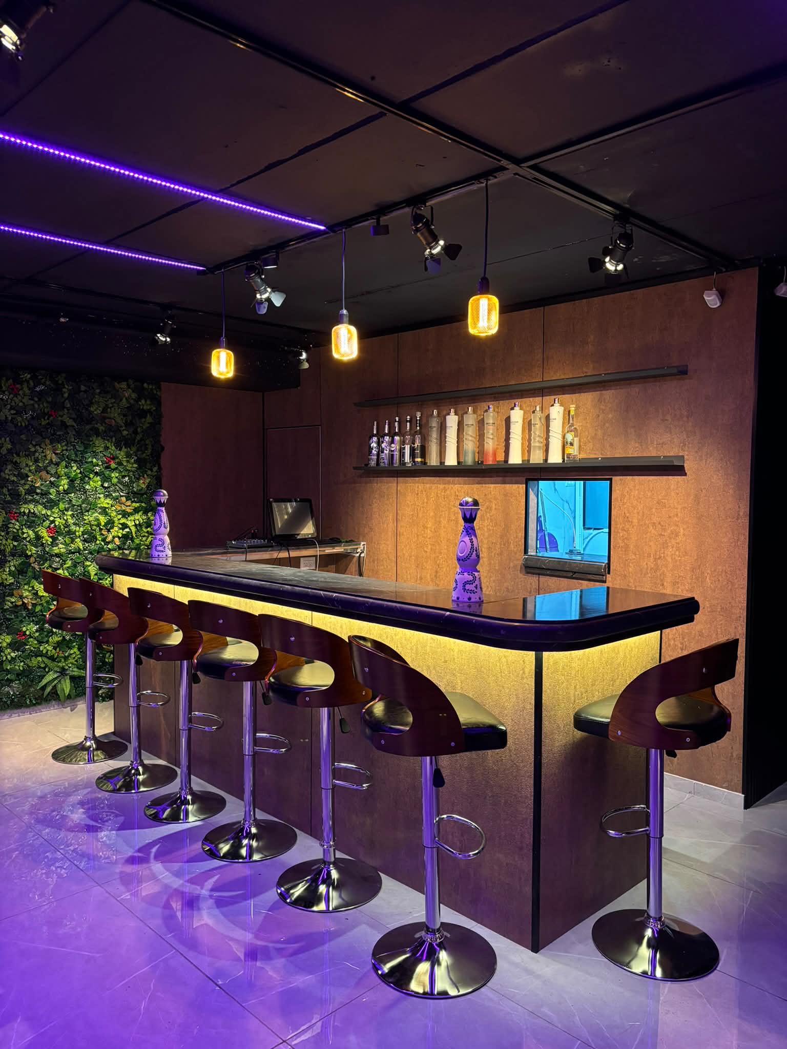 אולם האירועים — תאורת LED סגולה ומסך ענק